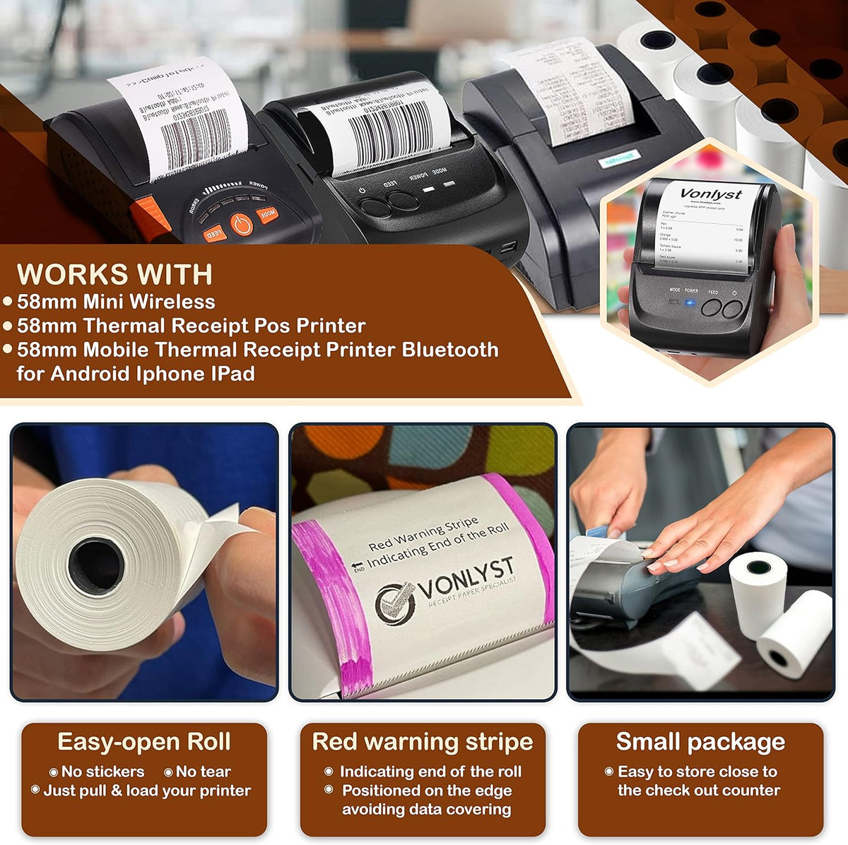 Receipt Paper Roll for 58mm Mobile Portable Thermal Printer (Pack 10 rolls)
