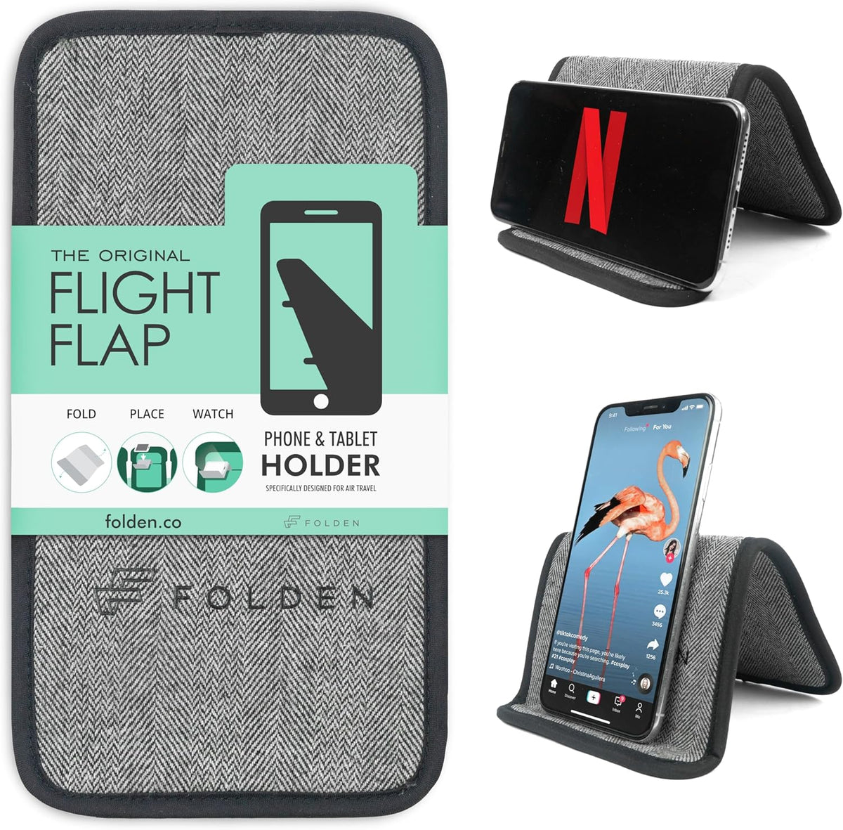 Folden Phone & Tablet Holder Stand 9x5” – Flexible Stand for Flying, Traveling, in-Flight, Zoom Video Calls, Books – Airplane Travel Essential, Compatible with iPhone, Android, Kindle (Tweed)