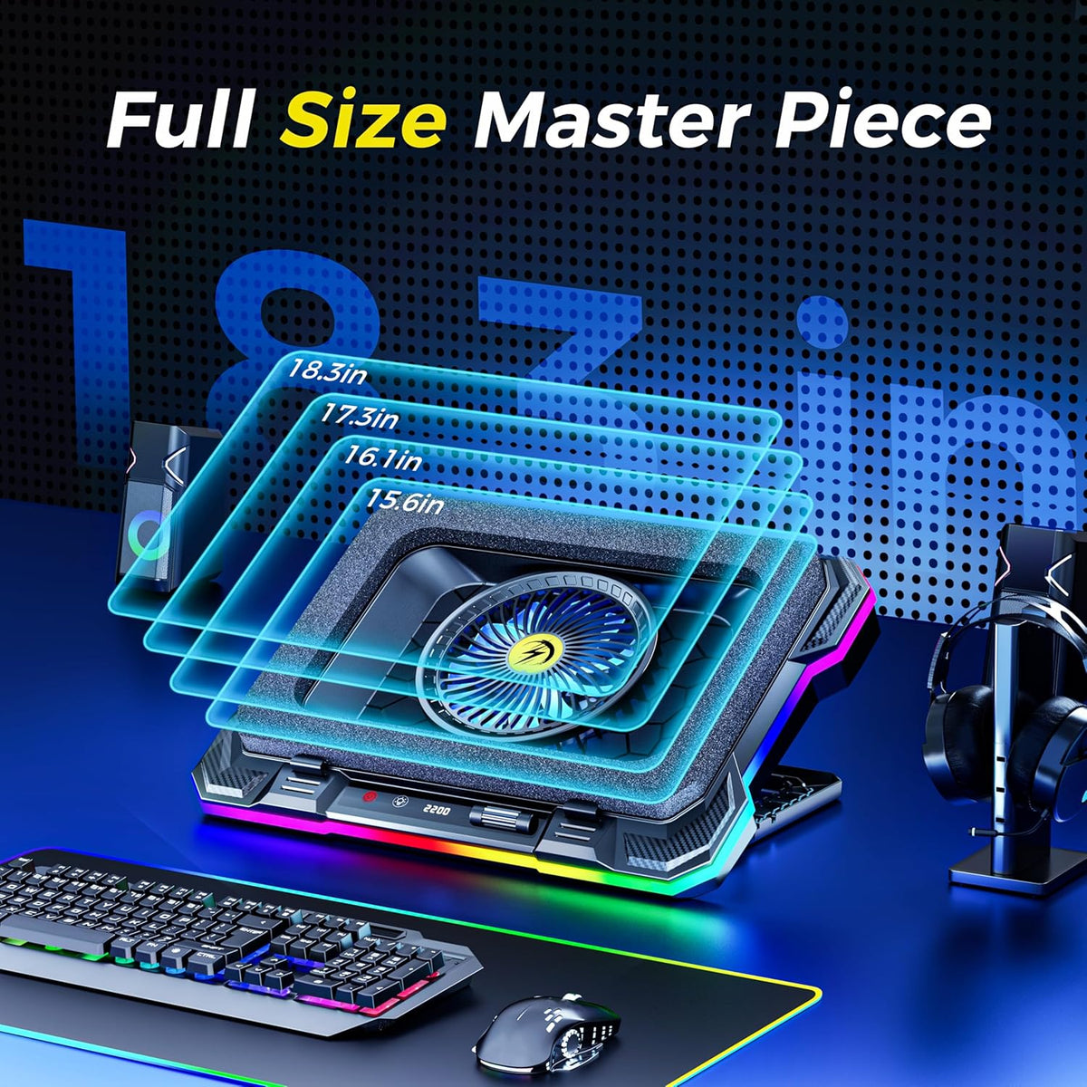 AICHESON Gaming RGB Laptop Cooling Pad with Powerful Cooler Fan, Sealed Foam and Phone Holder for 15-19 inch Laptops and PC Computers