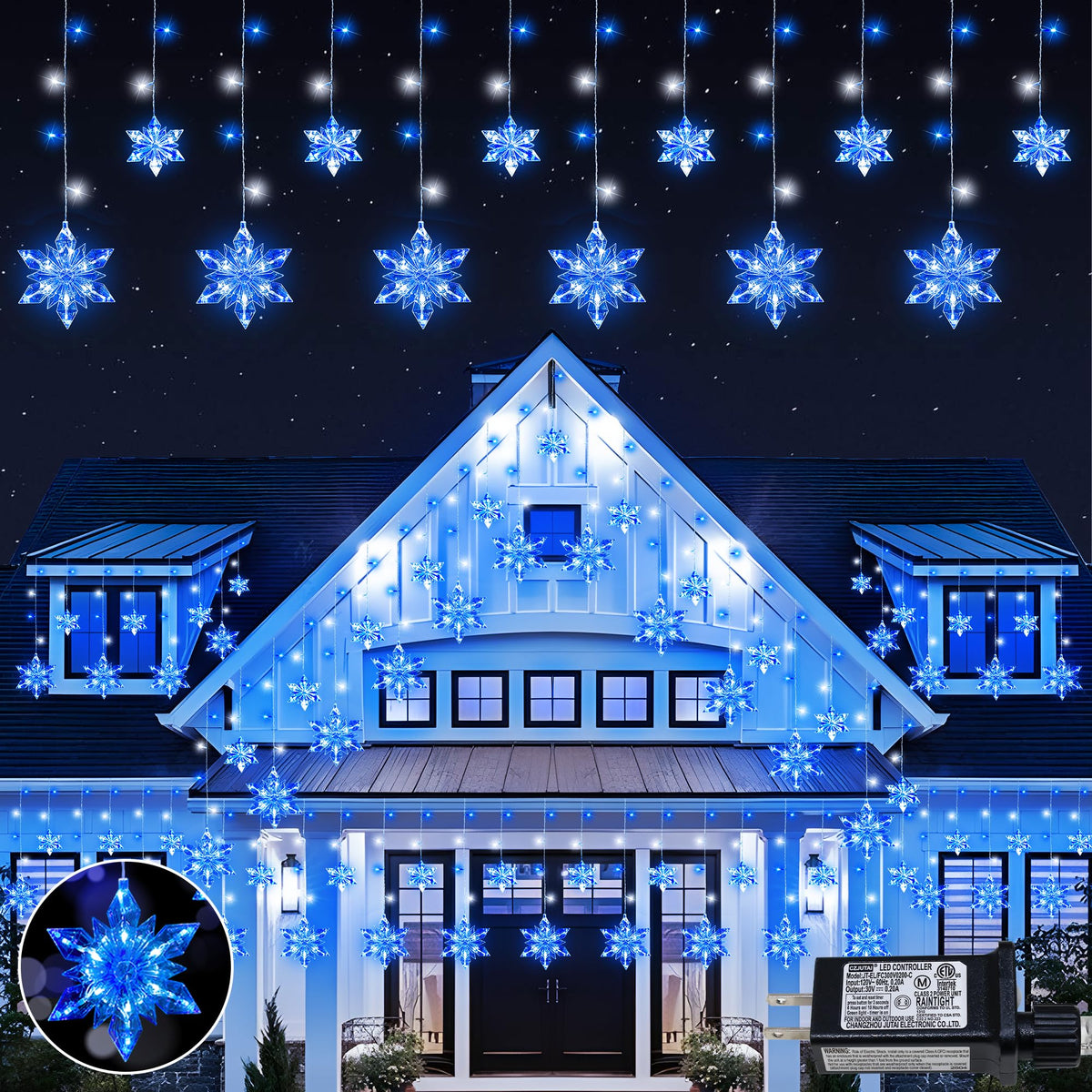Qunlight Christmas Snowflake Lights,8.2ft 144LED Curtain Icicle Lights with 12 Drops,Connectable 8 Modes Timer Xmas Icicle Light Plug in