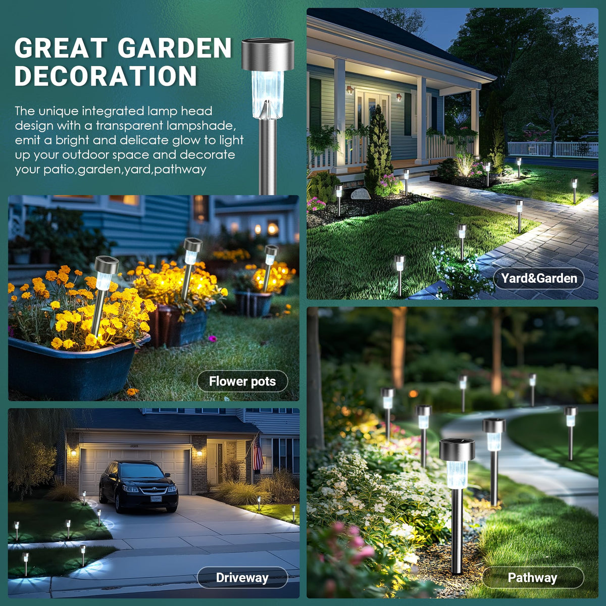 GIGALUMI Solar Lights Outdoor Waterproof, 12 Pack, Stainless Steel LED Solar Garden Lights for Patio, Lawn, Yard and Landscape, Cold White