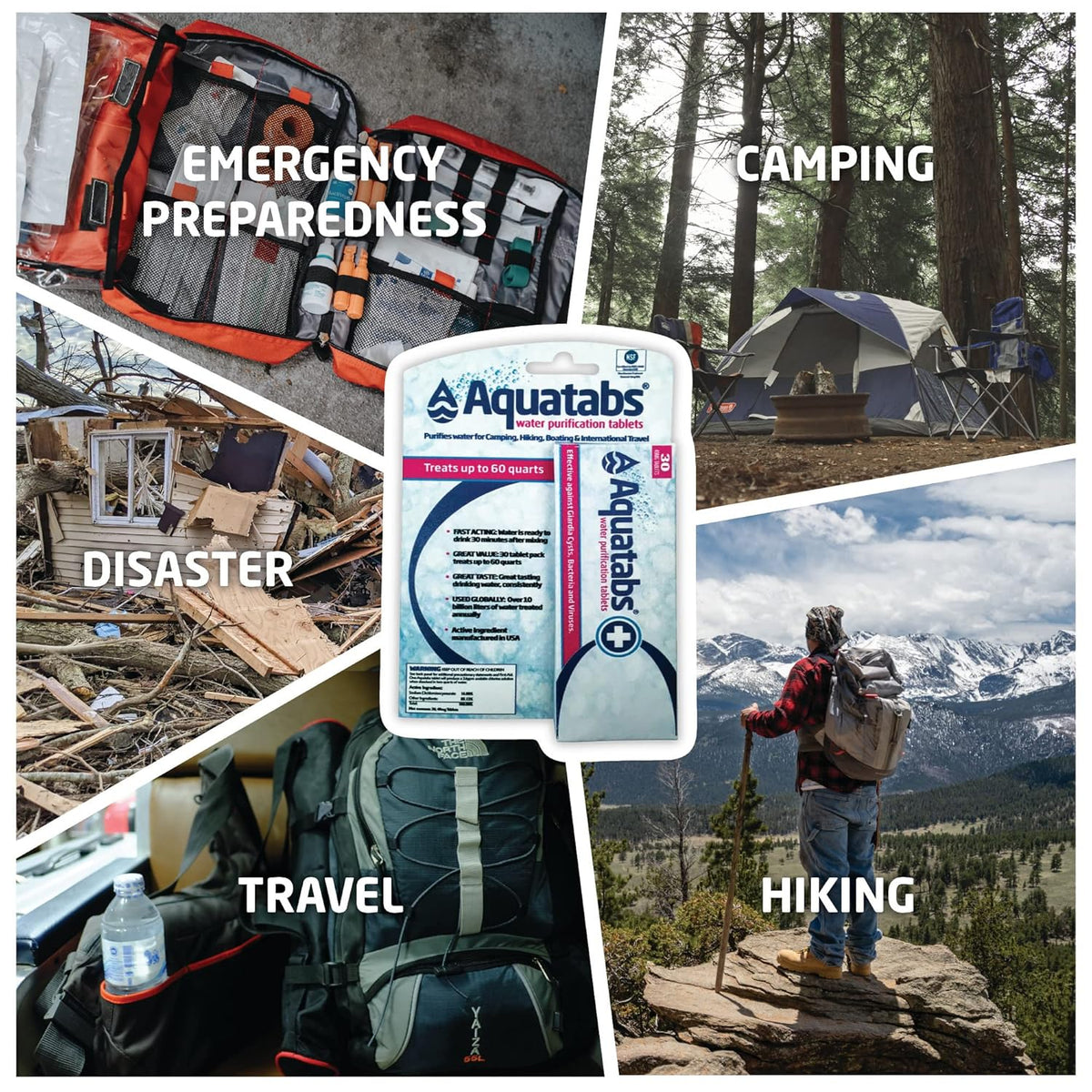 Aquatabs 49mg Water Purification Tablets (30 Pack). Water Filtration System for Hiking, Backpacking, Camping, Emergencies, Survival, and Home-Use. Easy to Use Treatment and Disinfection.