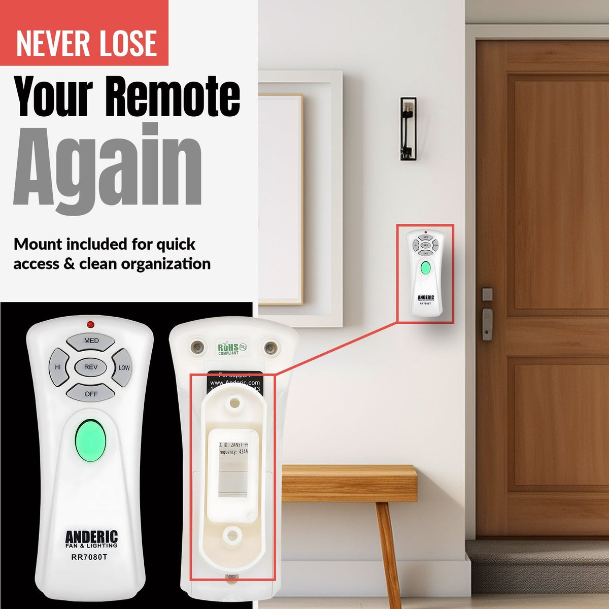 Anderic RR7080T Replacement Ceiling Fan Remote Control for Hampton Bay CHQ7080T, UC7080T with Up, Down, and Reverse Keys