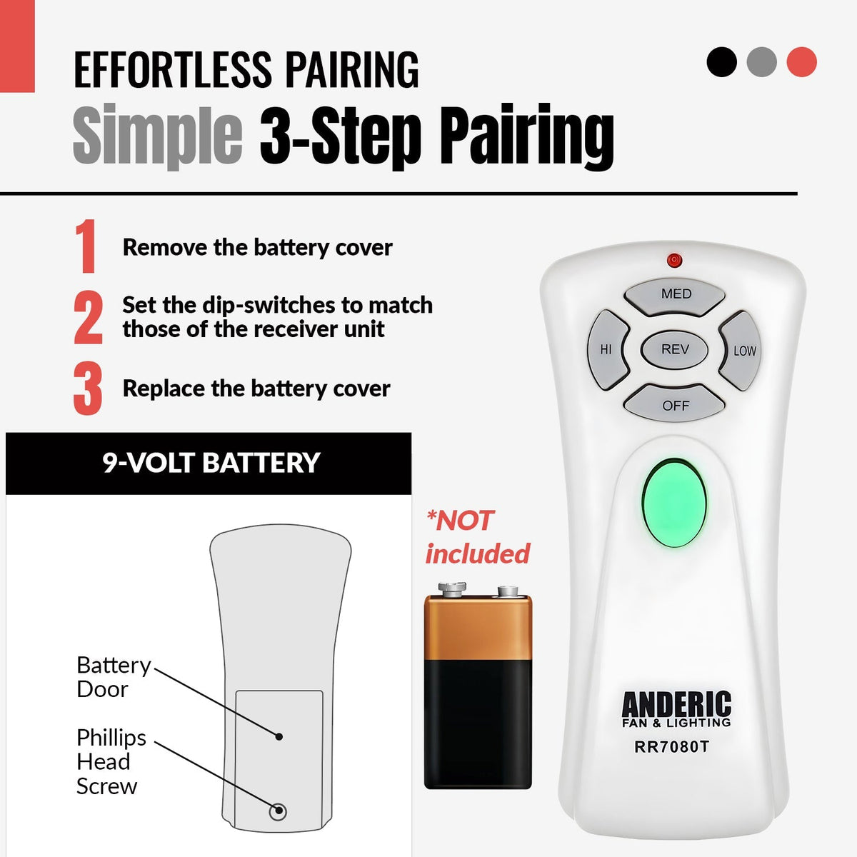 Anderic RR7080T Replacement Ceiling Fan Remote Control for Hampton Bay CHQ7080T, UC7080T with Up, Down, and Reverse Keys