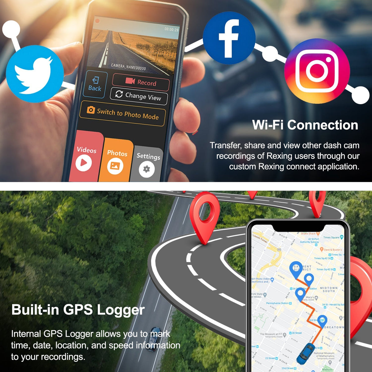 Rexing V1P Max 4K UHD Dual Channel Dash Cam 4K 3840×2160 Front + 1080p Rear with Wi-Fi and GPS