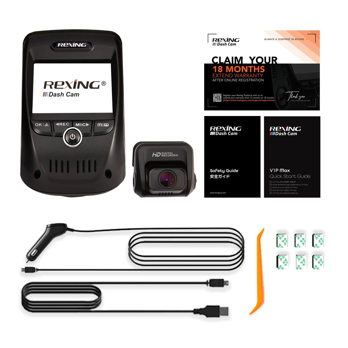Rexing V1P Max 4K UHD Dual Channel Dash Cam 4K 3840×2160 Front + 1080p Rear with Wi-Fi and GPS