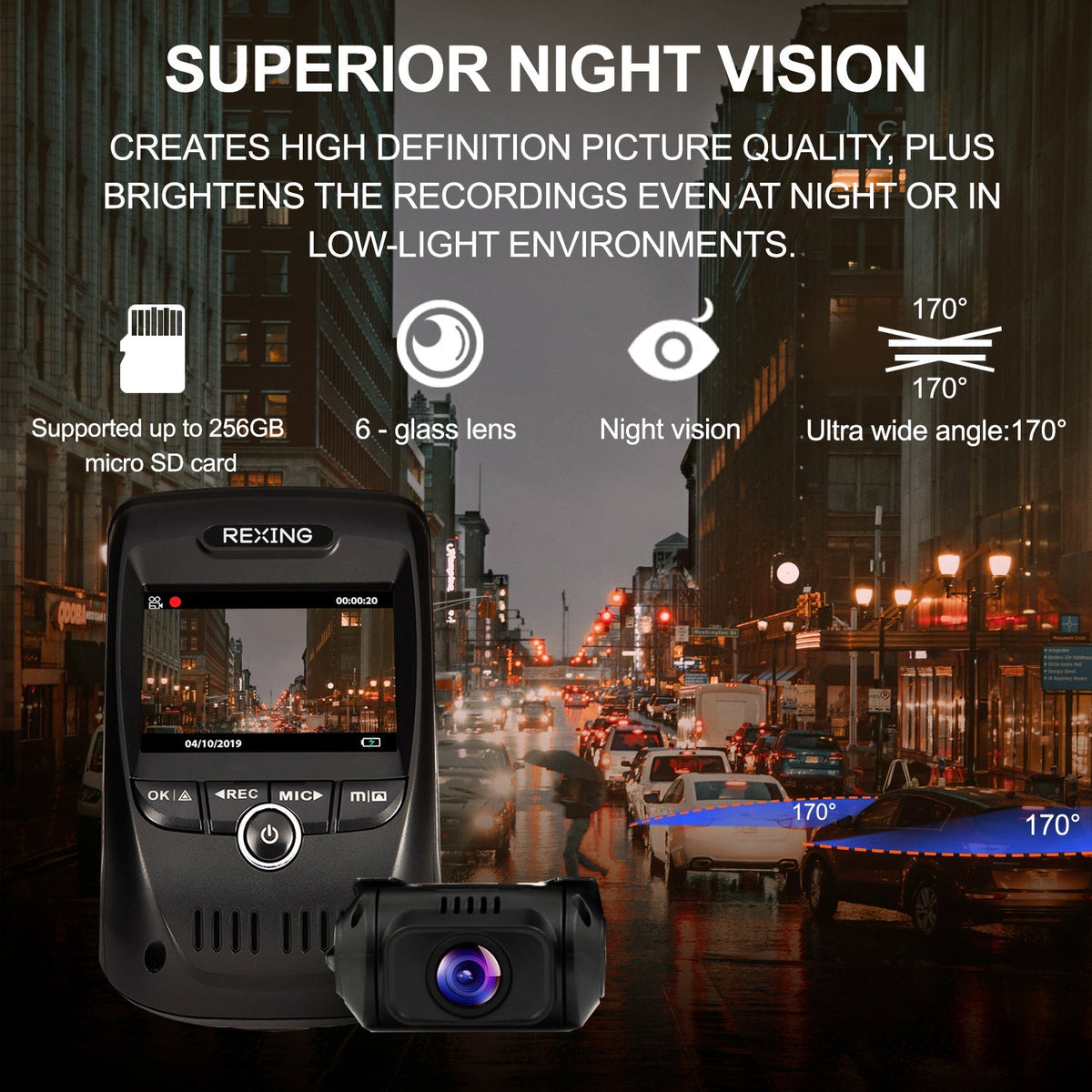 Rexing V1P Max 4K UHD Dual Channel Dash Cam 4K 3840×2160 Front + 1080p Rear with Wi-Fi and GPS