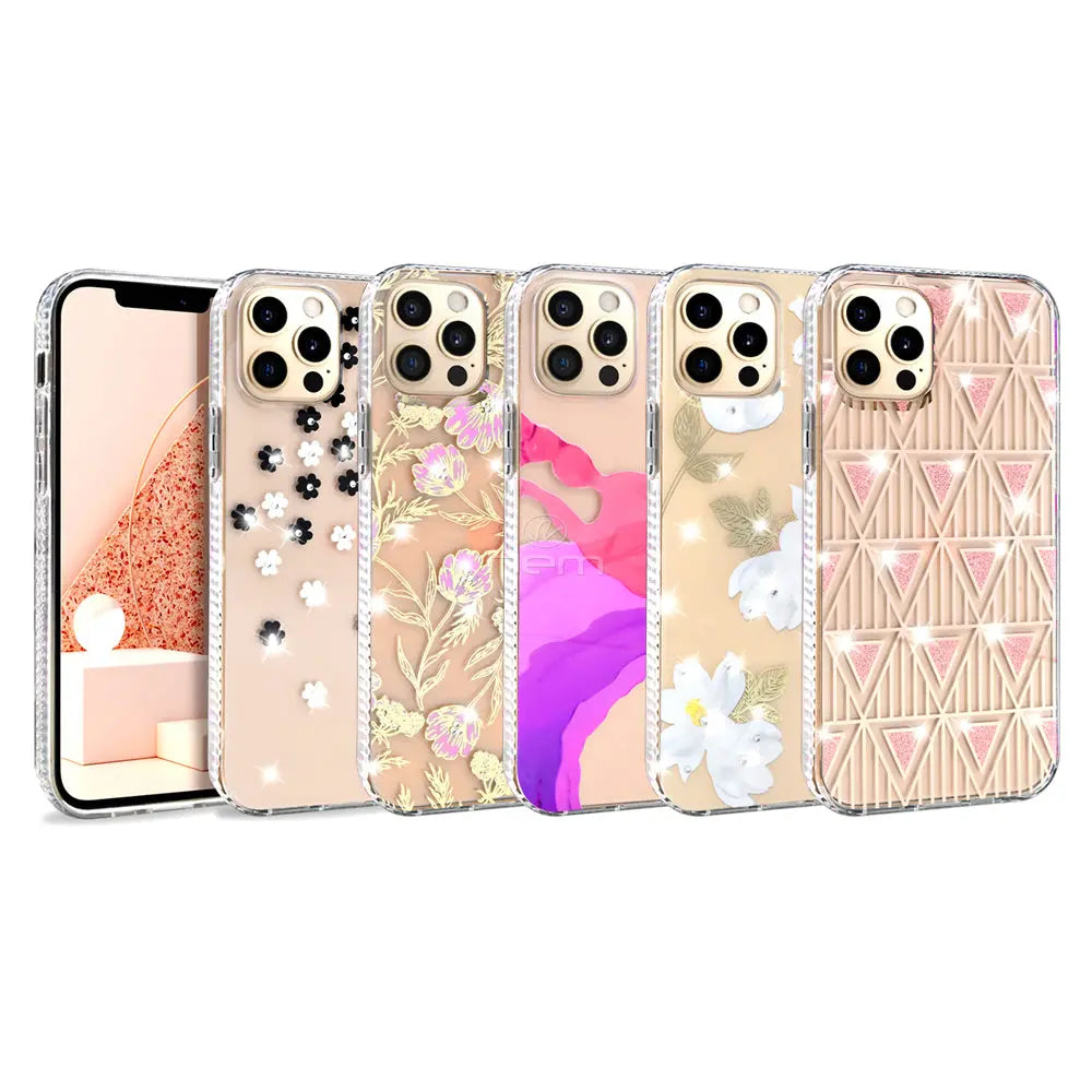 For iPhone 12 Pro Design Diamond, Purple Splash, White Flowers, Black Flowers